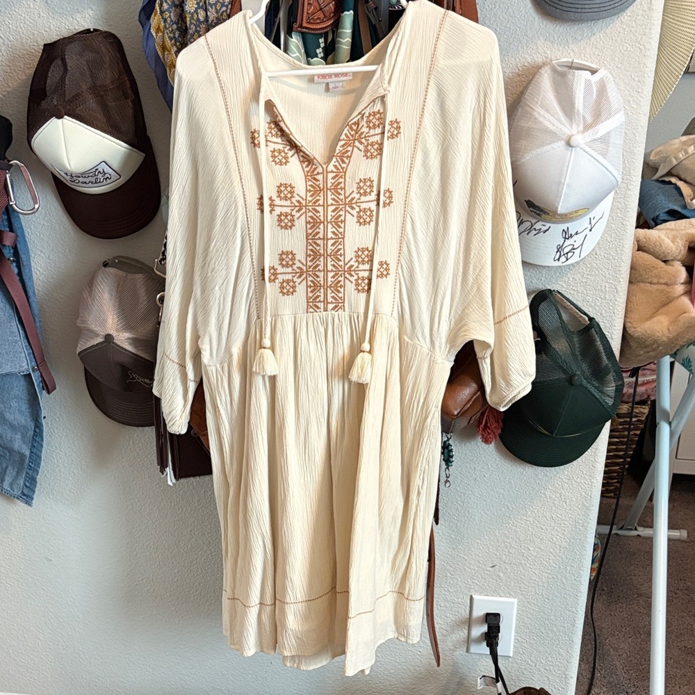 Knox Rose Cream and Brown Embroidered Long Sleeve Dress